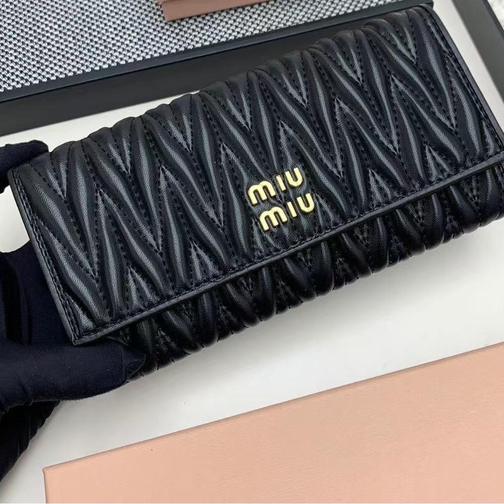 Miu Miu Black Matelassé Leather Long Flap Wallet Gold Logo